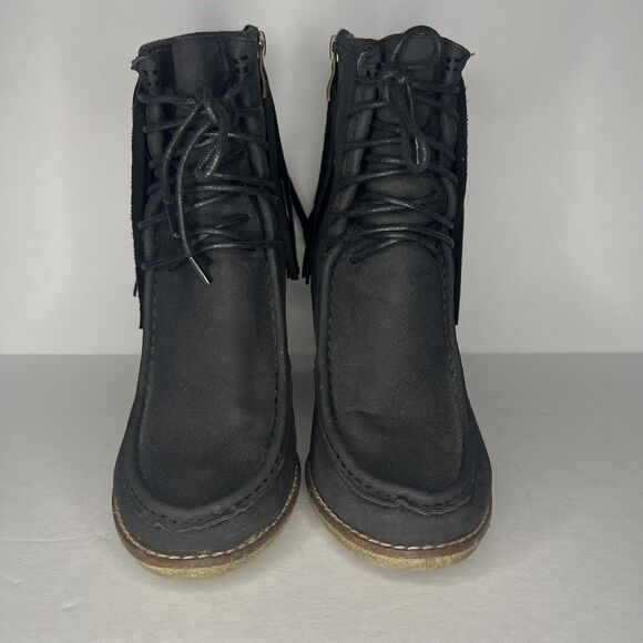 Bucco Black Fringe Block Heel Side Zip Booties Size 8 - Picture 2 of 9